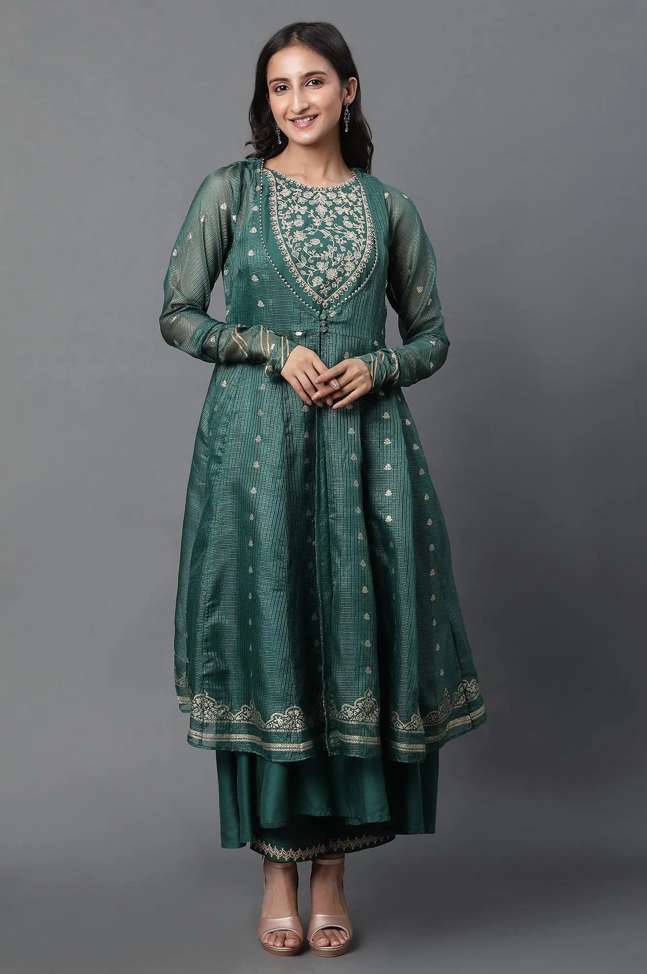 Green Layered Anarkali Kurta and Slim Pant Set